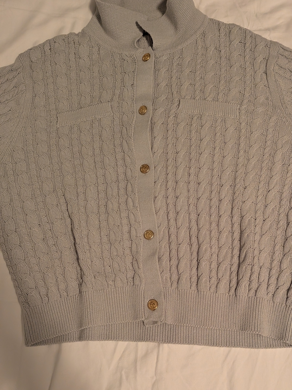 Cable-Knit Button Front Turtleneck Sweater - Light Gray